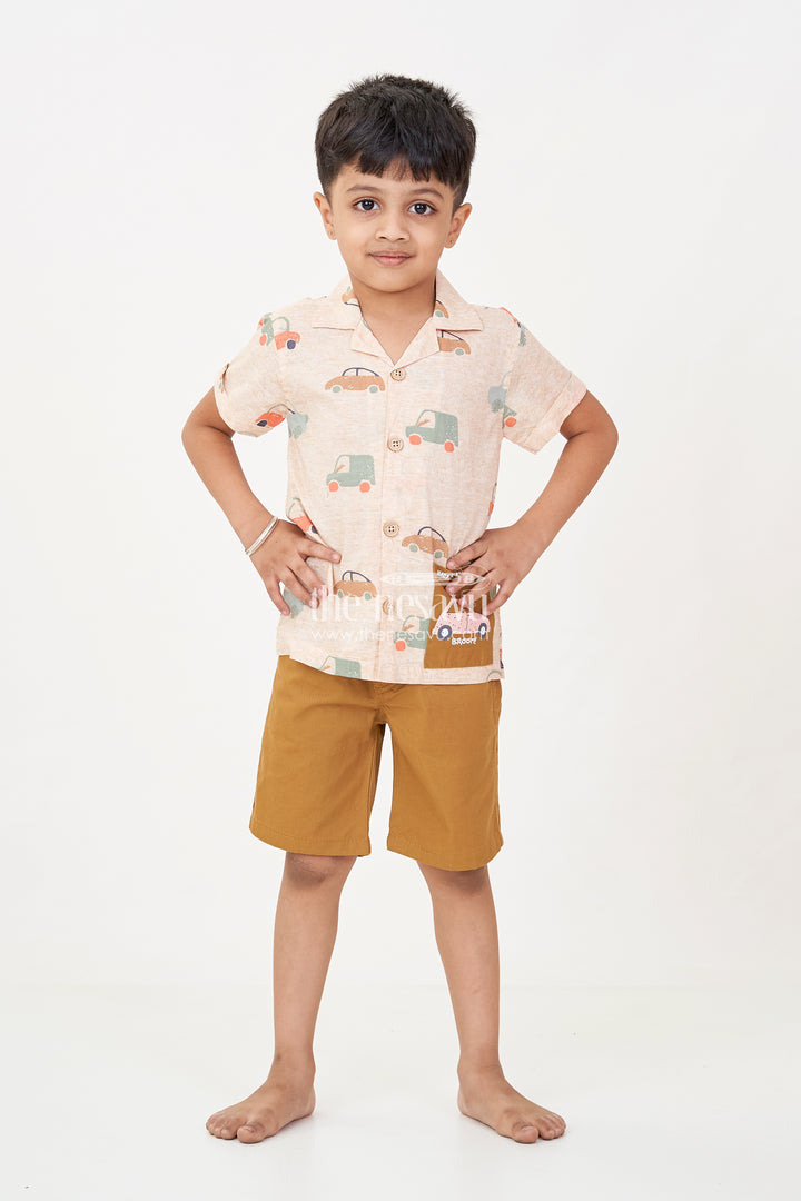 Casual Decent Dress for Boys with Car Printed Cotton Shirt and Mustard Shorts for Daywear