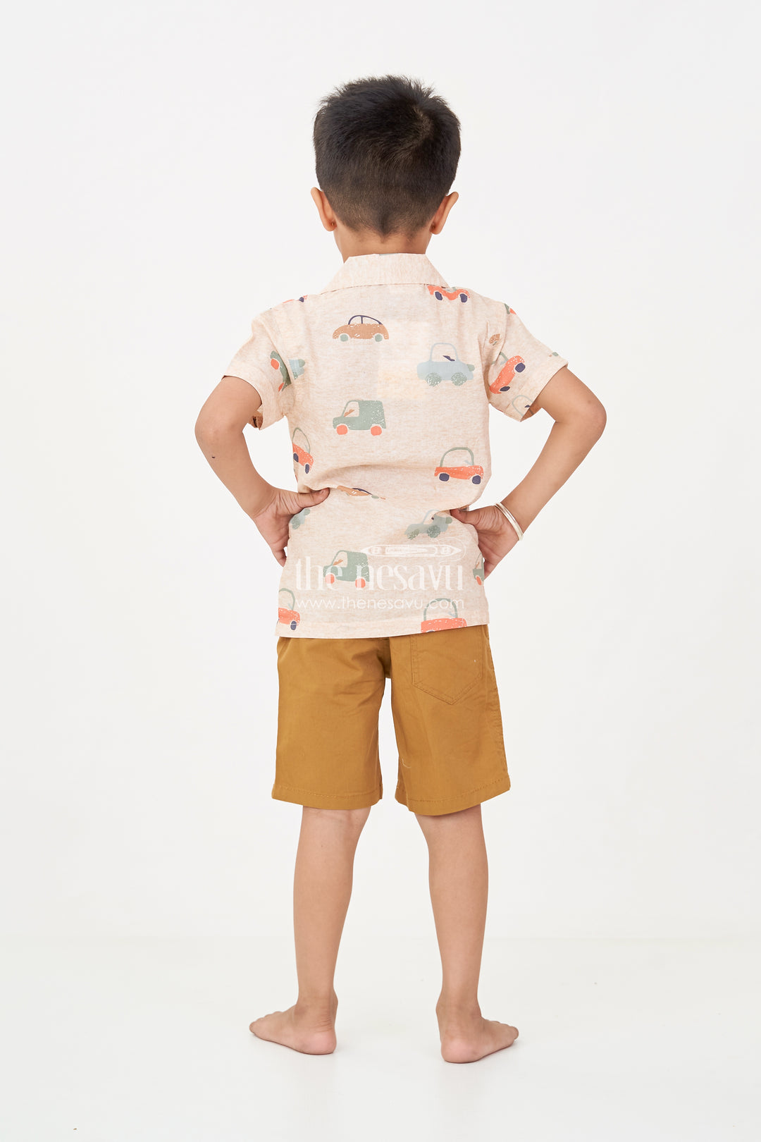 Casual Decent Dress for Boys with Car Printed Cotton Shirt and Mustard Shorts for Daywear