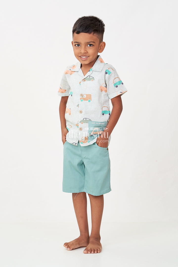 Casual Dinner Outfits for Boys with Mint Green Car Printed Shirt and Matching Soft Cotton Shorts