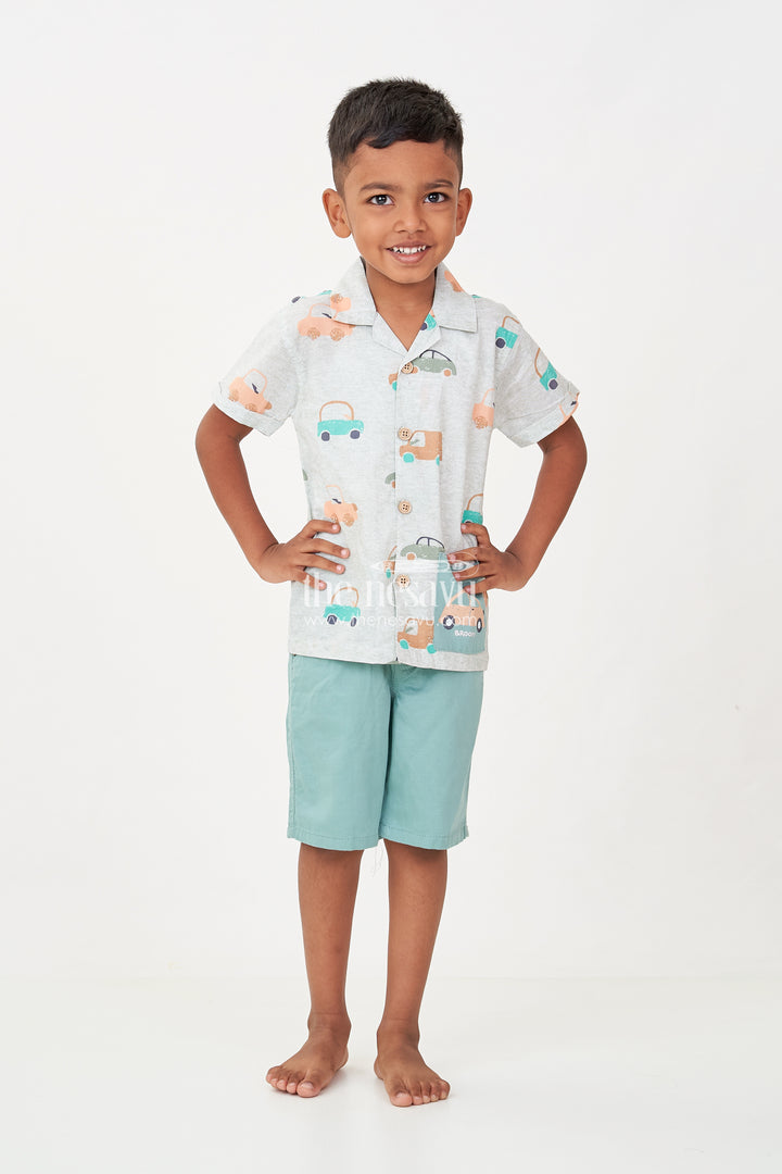 Casual Dinner Outfits for Boys with Mint Green Car Printed Shirt and Matching Soft Cotton Shorts