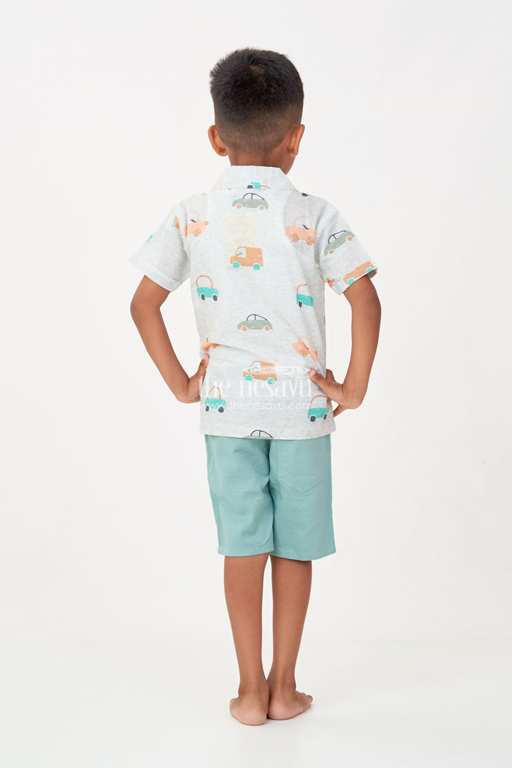 Casual Dinner Outfits for Boys with Mint Green Car Printed Shirt and Matching Soft Cotton Shorts