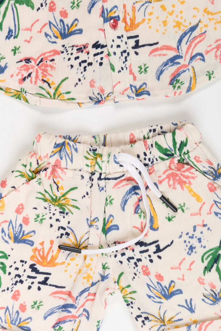 Boys Muslin Cotton Casual Attire Set with Colorful Printed Shirt and Matching Shorts
