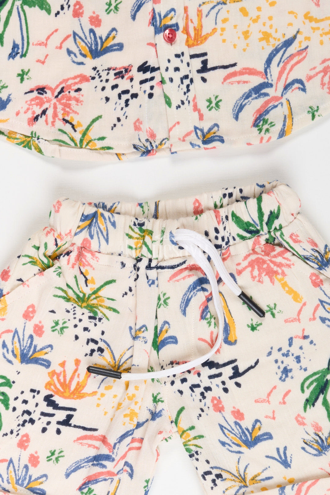 Boys Muslin Cotton Casual Attire Set with Colorful Printed Shirt and Matching Shorts