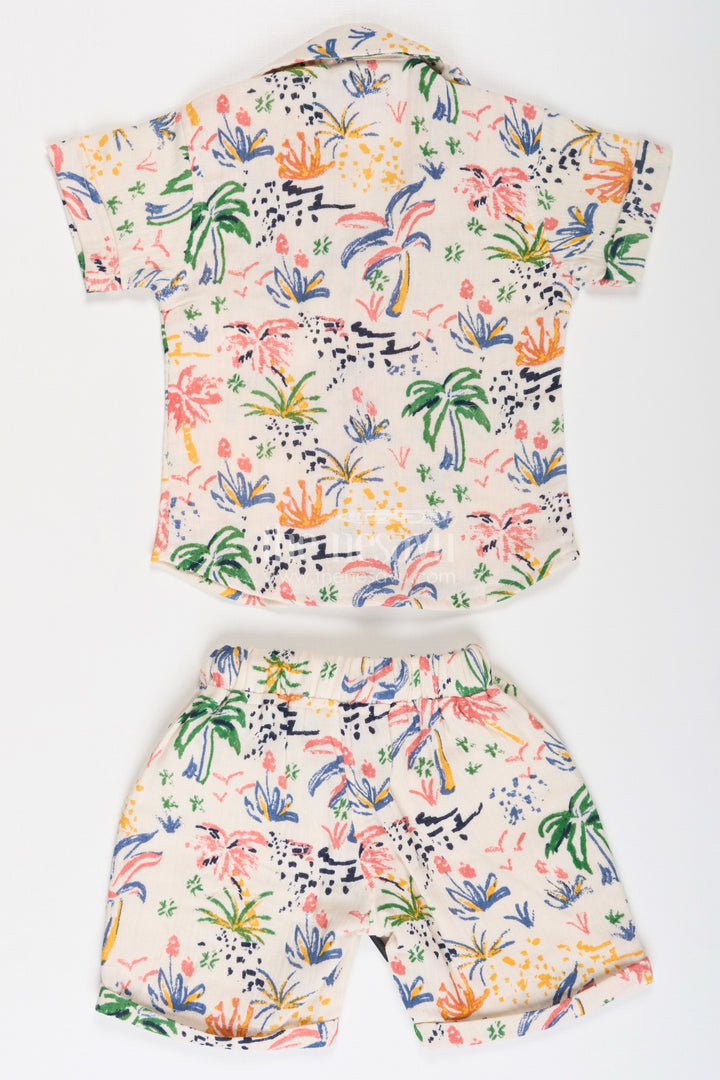 Boys Muslin Cotton Casual Attire Set with Colorful Printed Shirt and Matching Shorts