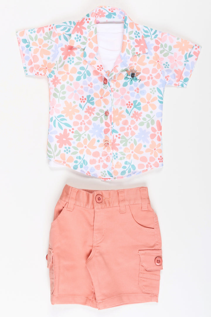 Boys Cotton Best Casual Dress Shirts Set with Floral Printed Shirt, Tank Tee, and Cargo Shorts
