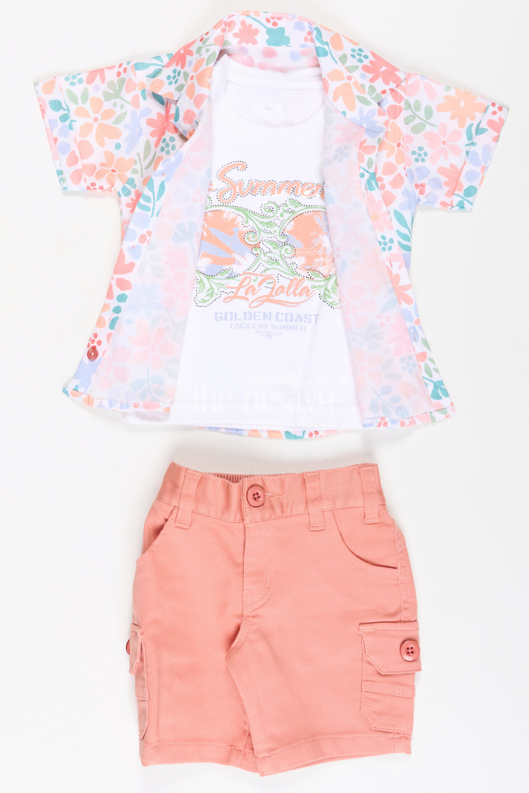 Boys Cotton Best Casual Dress Shirts Set with Floral Printed Shirt, Tank Tee, and Cargo Shorts
