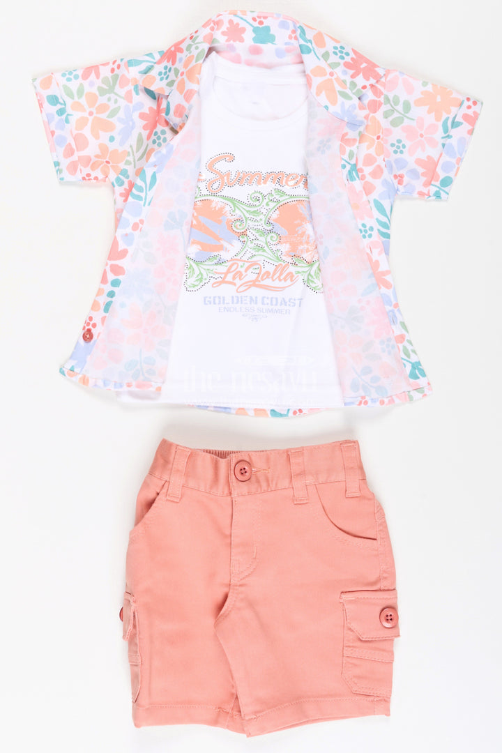 Boys Cotton Best Casual Dress Shirts Set with Floral Printed Shirt, Tank Tee, and Cargo Shorts