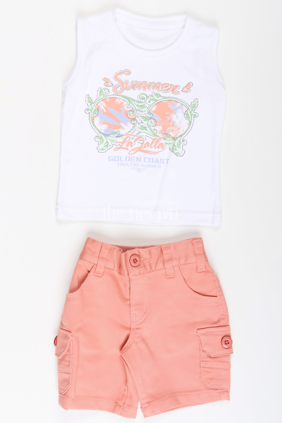 Boys Cotton Best Casual Dress Shirts Set with Floral Printed Shirt, Tank Tee, and Cargo Shorts