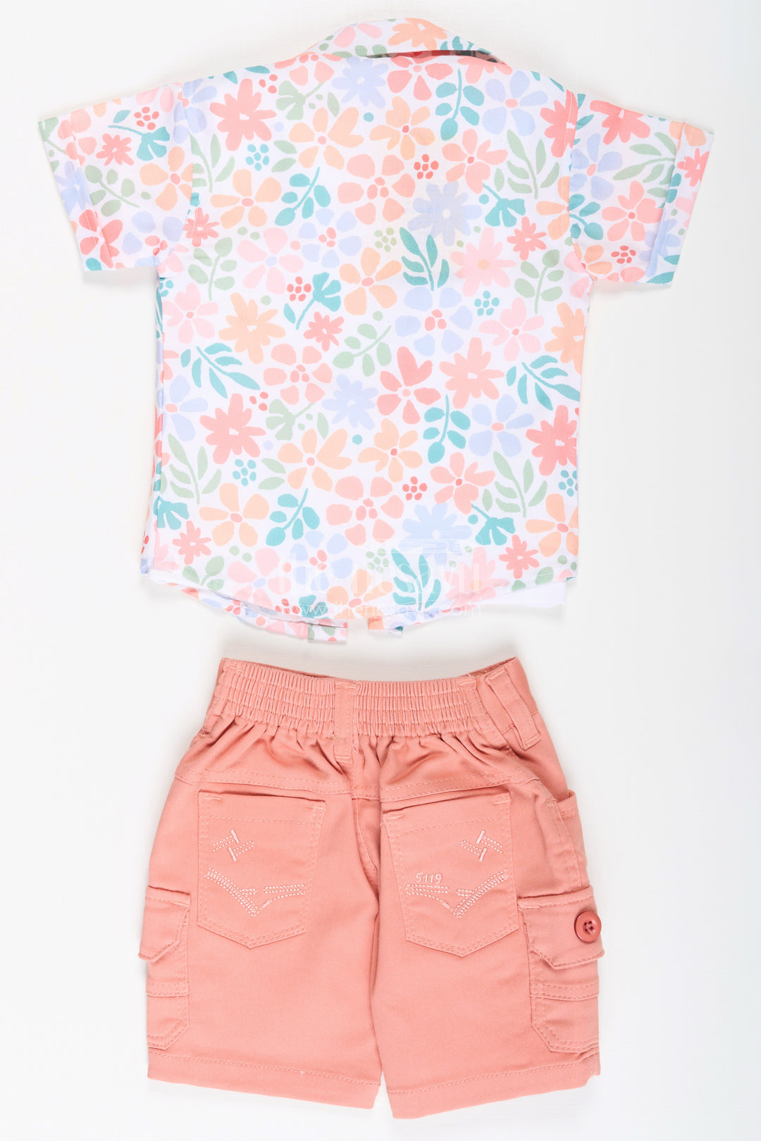 Boys Cotton Best Casual Dress Shirts Set with Floral Printed Shirt, Tank Tee, and Cargo Shorts