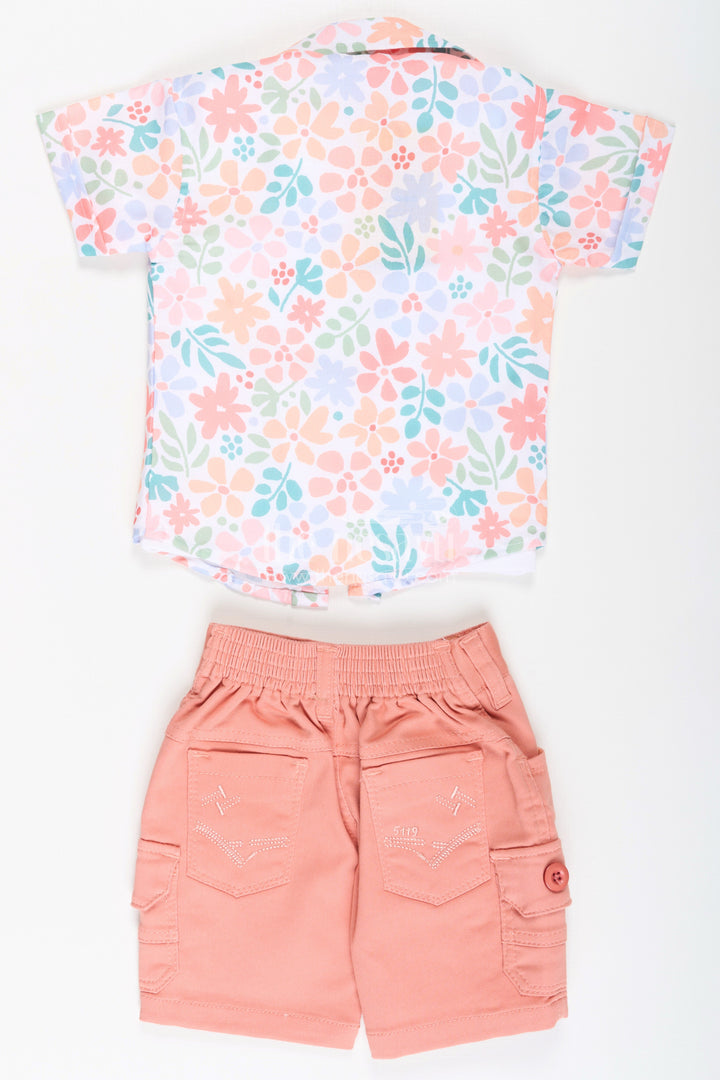 Boys Cotton Best Casual Dress Shirts Set with Floral Printed Shirt, Tank Tee, and Cargo Shorts