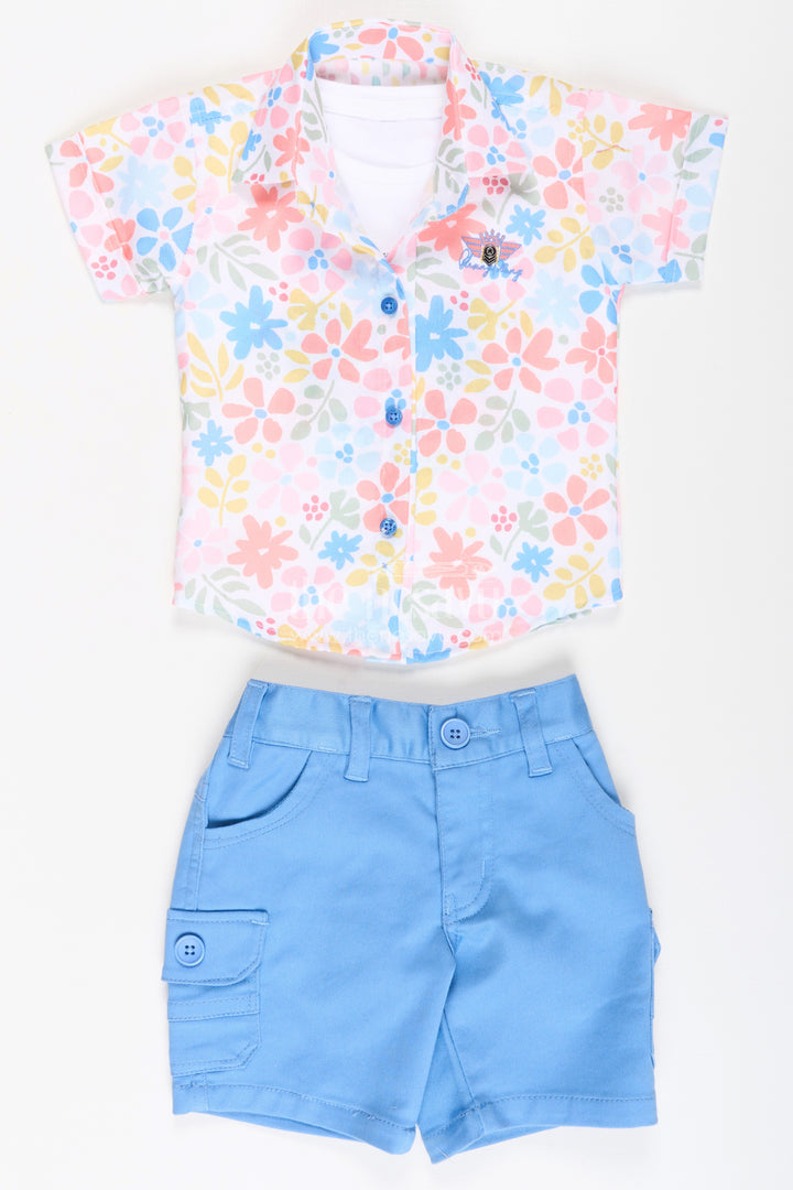 Boys Cotton Casual Style Summer Set with Floral Printed Shirt, Tank Tee, and Blue Shorts