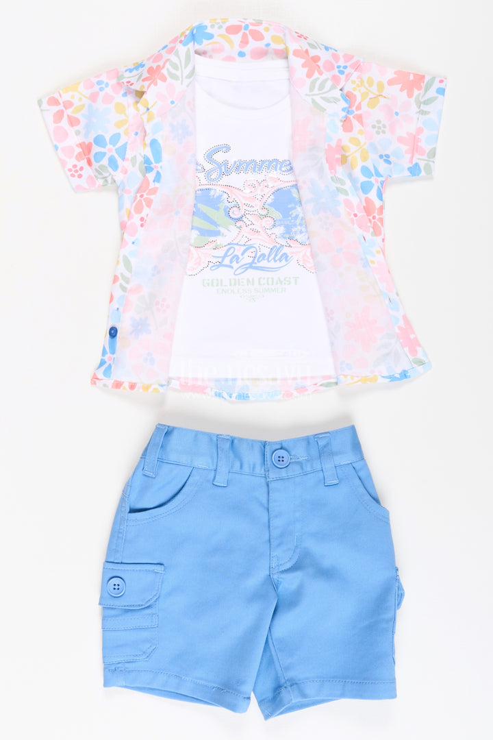 Boys Cotton Casual Style Summer Set with Floral Printed Shirt, Tank Tee, and Blue Shorts