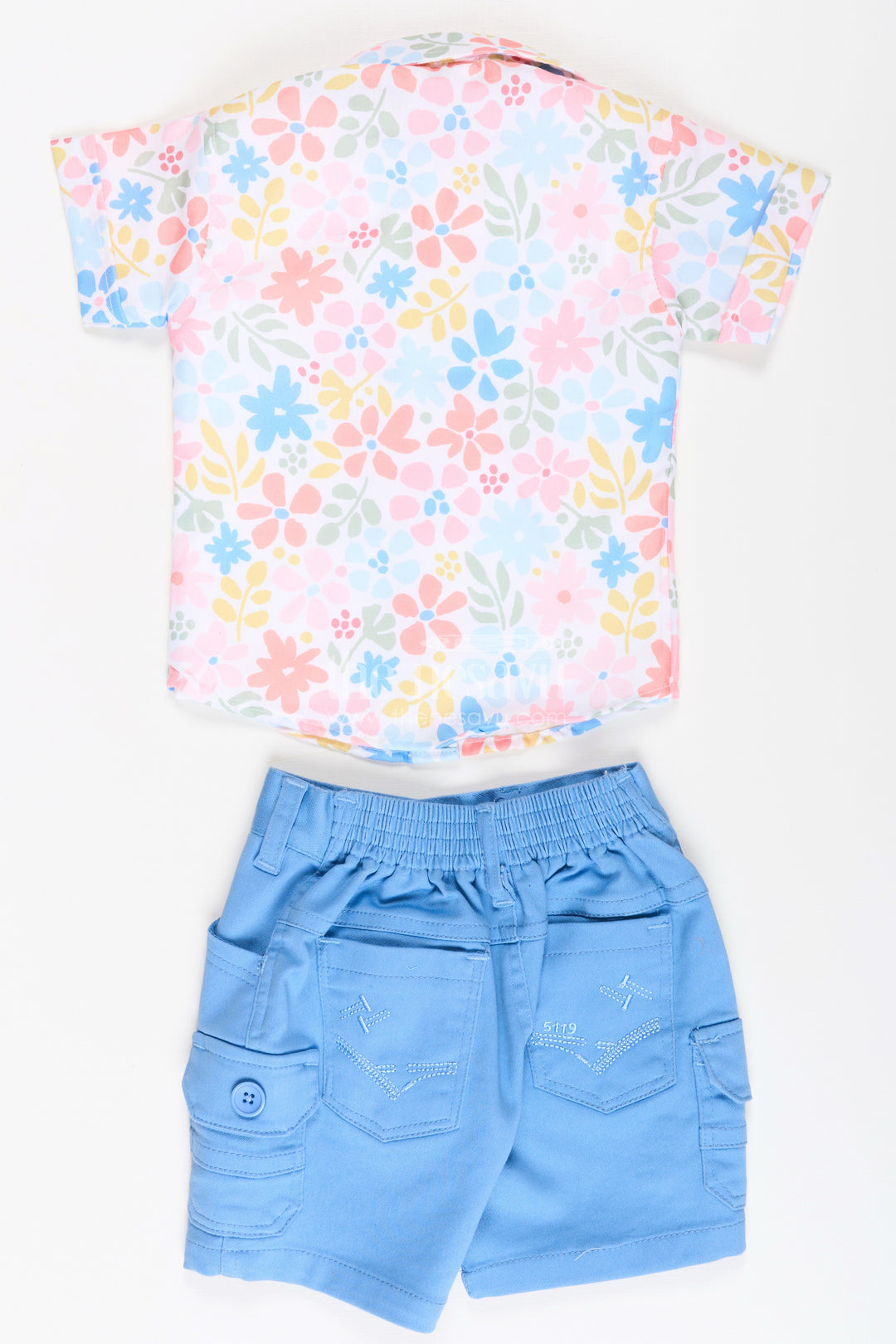 Boys Cotton Casual Style Summer Set with Floral Printed Shirt, Tank Tee, and Blue Shorts