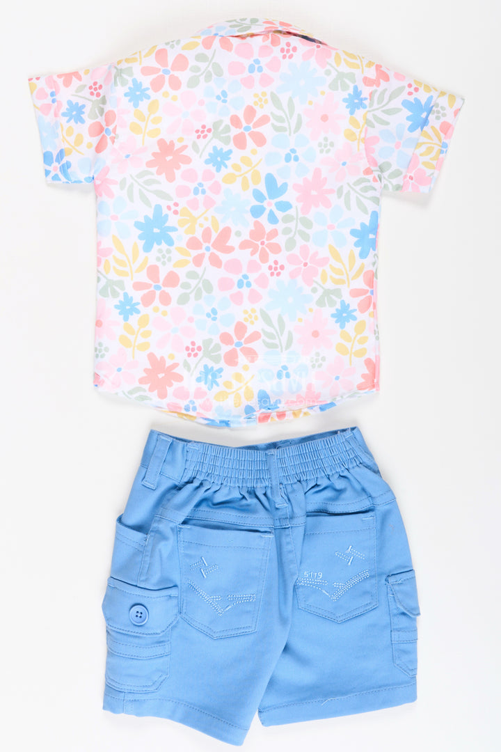 Boys Cotton Casual Style Summer Set with Floral Printed Shirt, Tank Tee, and Blue Shorts
