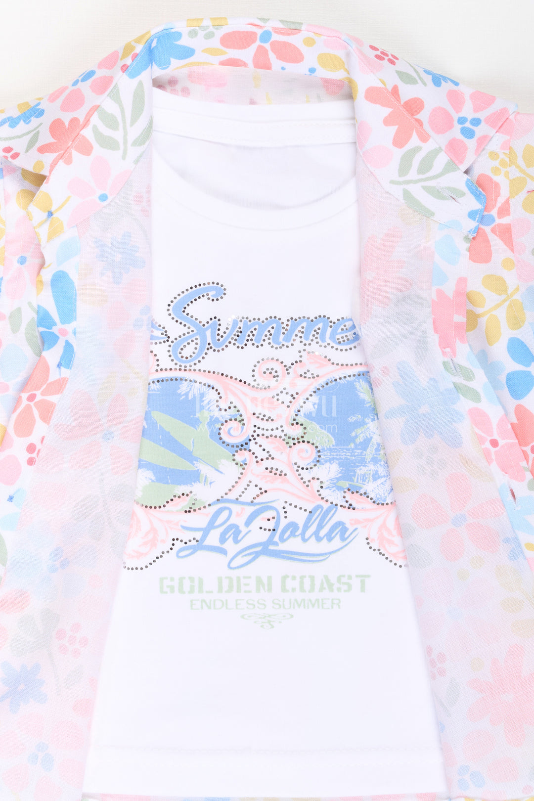 Boys Cotton Casual Style Summer Set with Floral Printed Shirt, Tank Tee, and Blue Shorts