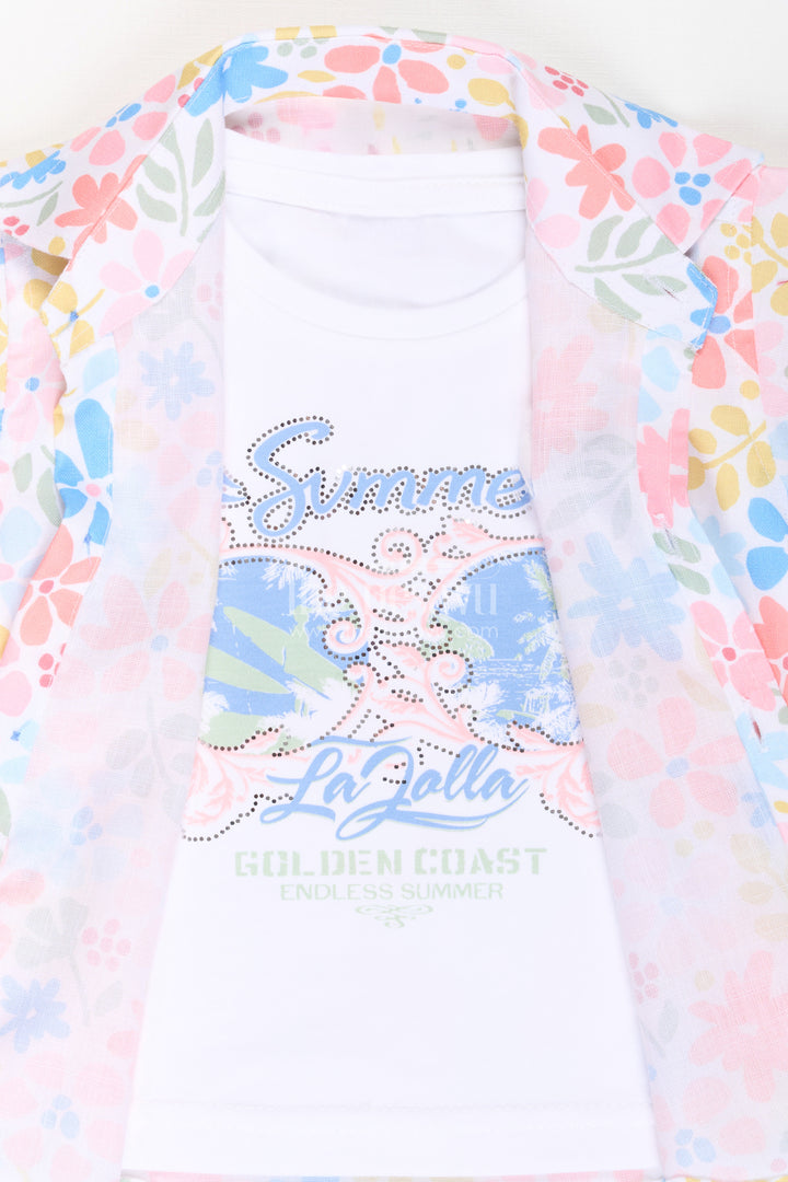 Boys Cotton Casual Style Summer Set with Floral Printed Shirt, Tank Tee, and Blue Shorts
