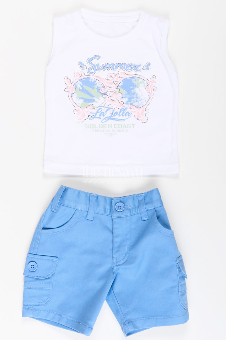 Boys Cotton Casual Style Summer Set with Floral Printed Shirt, Tank Tee, and Blue Shorts