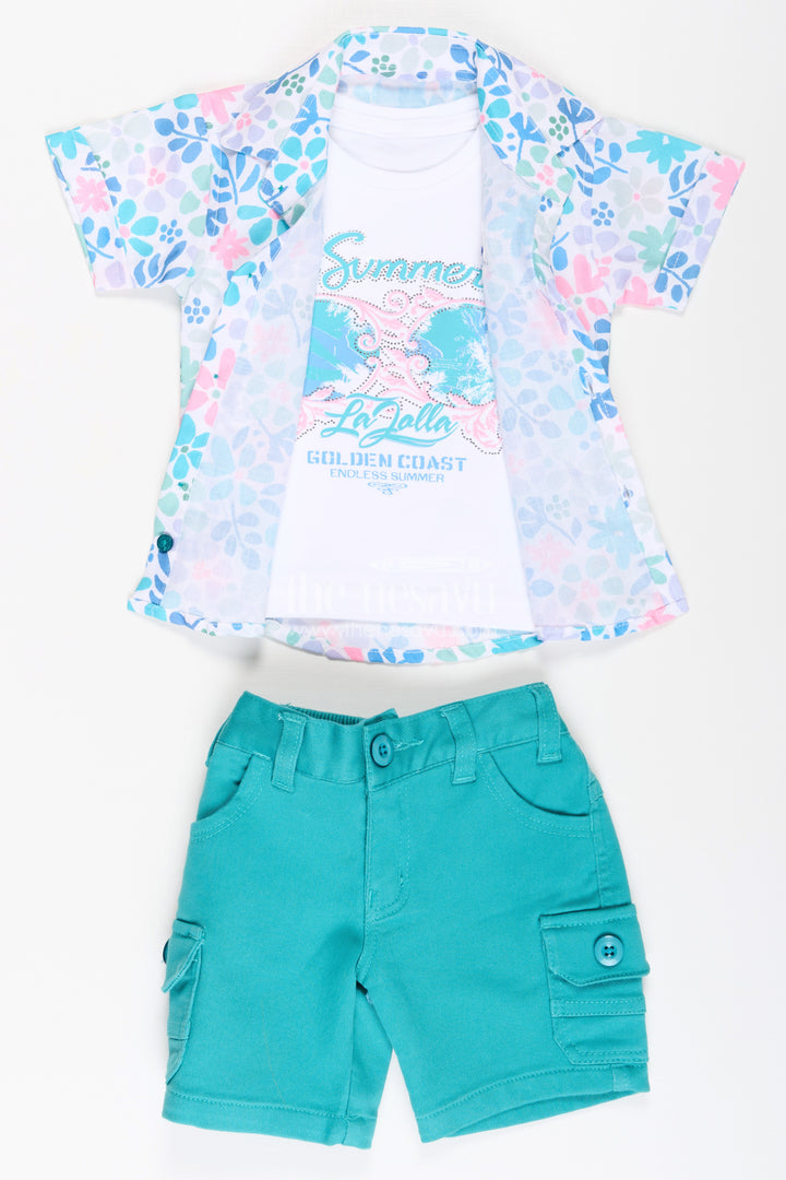 Boys Cotton Best Casual Shirts Set with Green Shorts and Tropical Print Combo for Everyday Wear