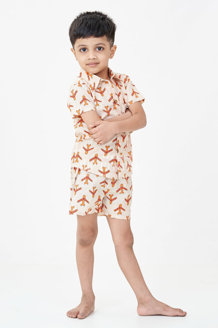 Boys Cotton Casual Dresses Set with Digital Print in Beige and Rust Tones for Everyday Style