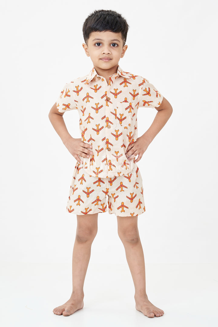 Boys Cotton Casual Dresses Set with Digital Print in Beige and Rust Tones for Everyday Style