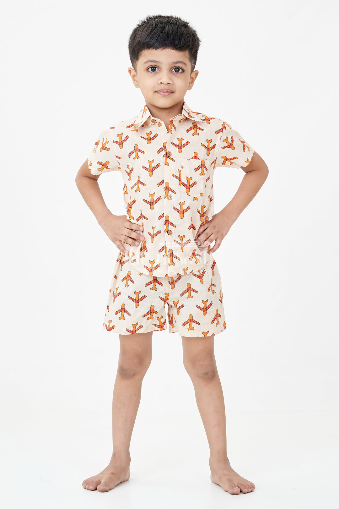 Boys Cotton Casual Dresses Set with Digital Print in Beige and Rust Tones for Everyday Style