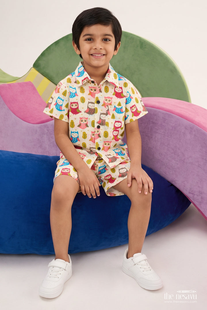 Boys Cotton Shirt and Shorts Set with Colourful Owl Print