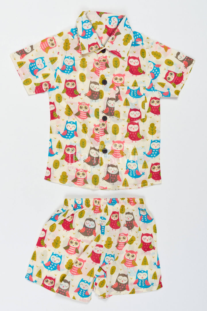 Boys Cotton Shirt and Shorts Set with Colourful Owl Print