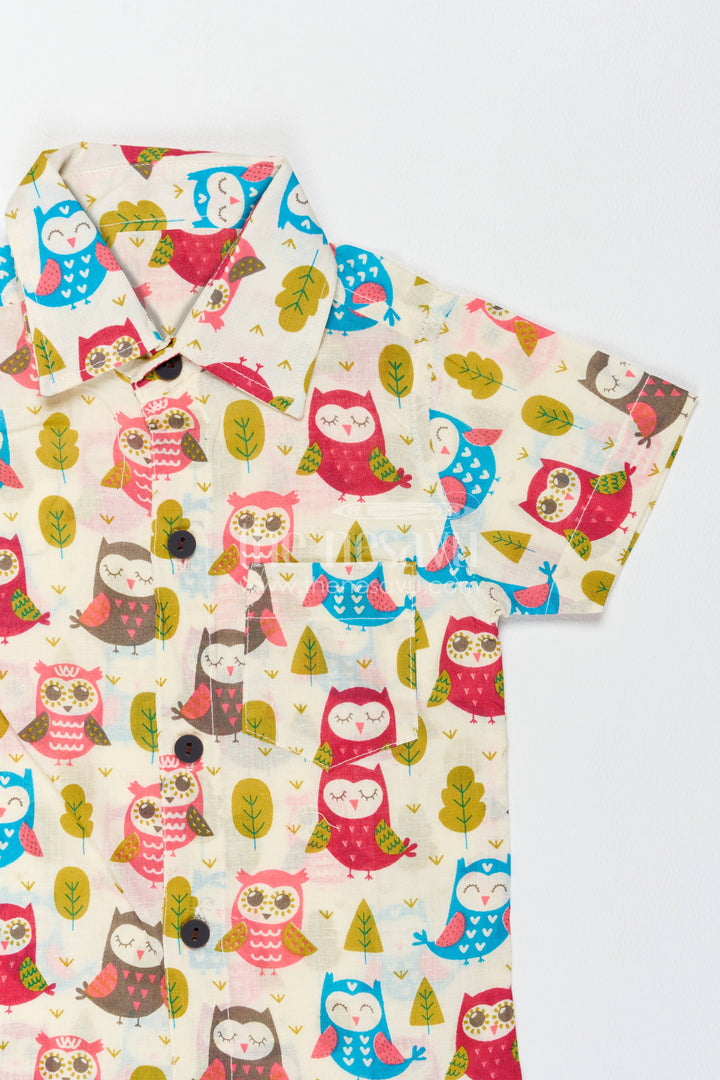 Boys Cotton Shirt and Shorts Set with Colourful Owl Print