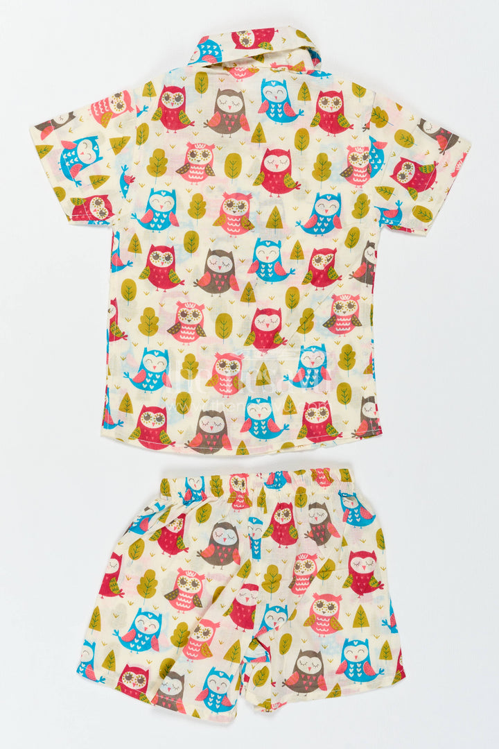 Boys Cotton Shirt and Shorts Set with Colourful Owl Print
