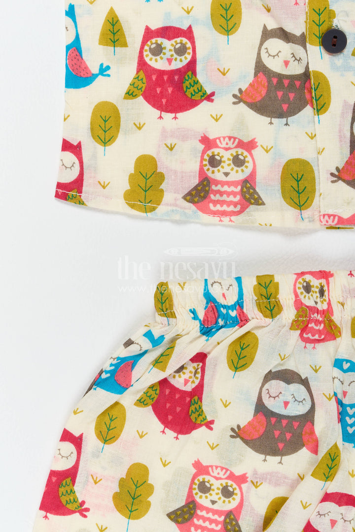 Boys Cotton Shirt and Shorts Set with Colourful Owl Print