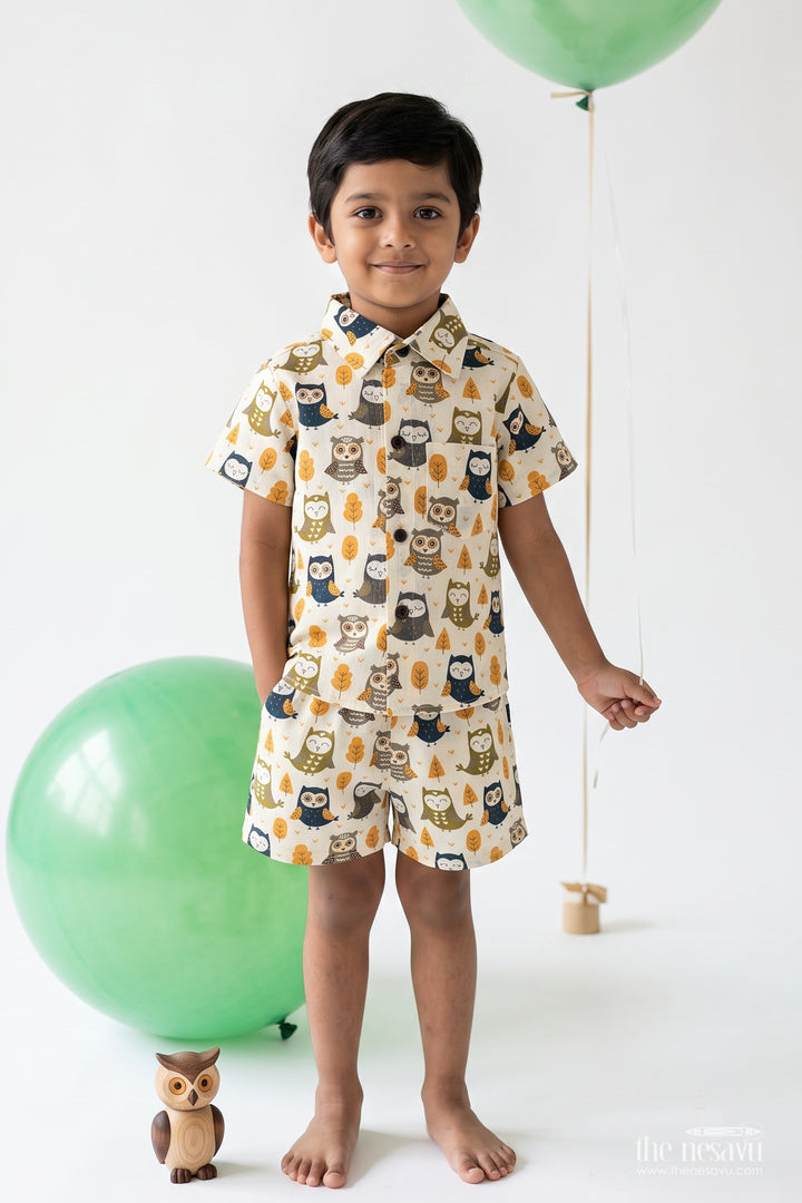 Boys Cotton Shirt and Shorts Set with Earthy Owl Print