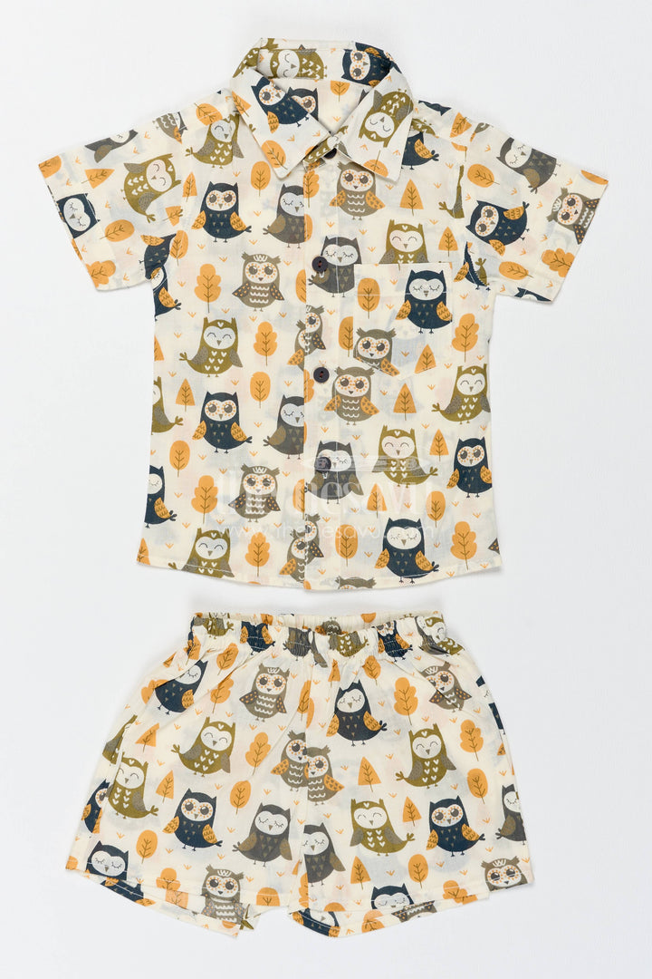 Boys Cotton Shirt and Shorts Set with Earthy Owl Print