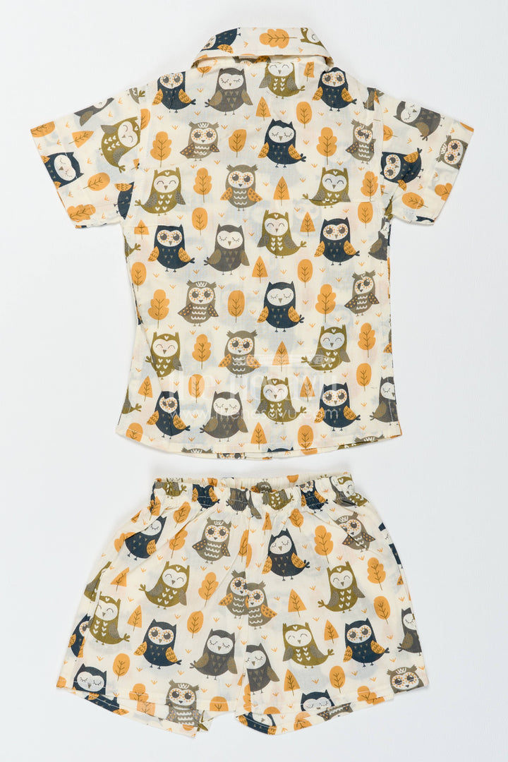 Boys Cotton Shirt and Shorts Set with Earthy Owl Print