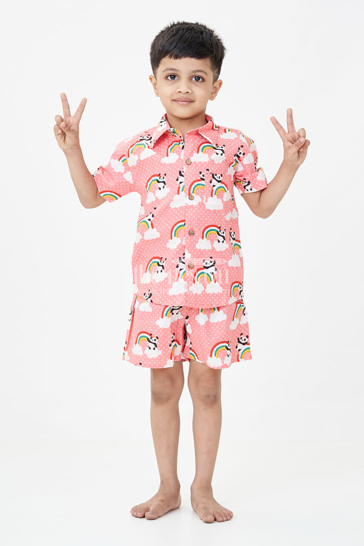 Boys Pink Casual Shirt Set with Panda and Rainbow Digital Print in Soft Cotton