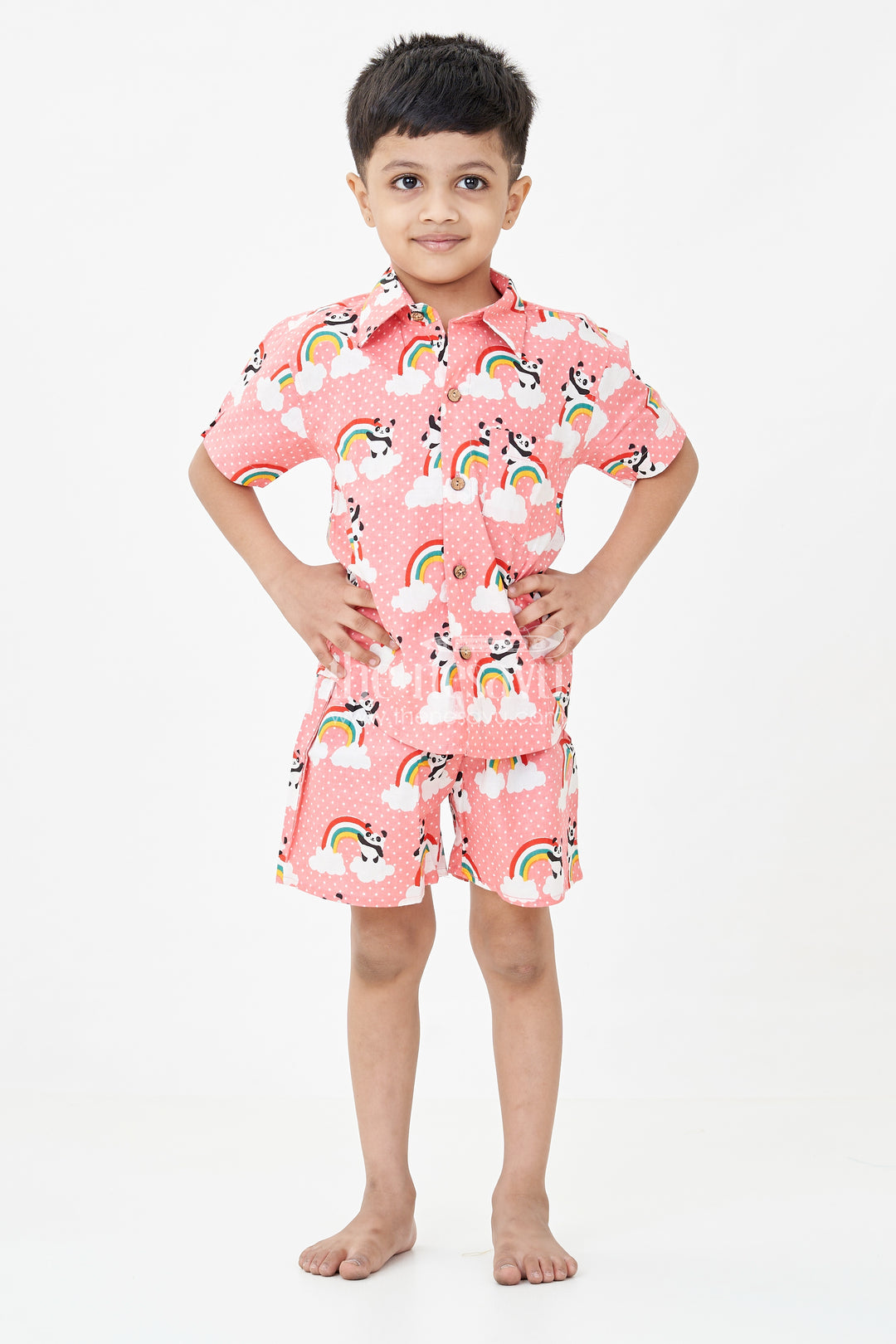 Boys Pink Casual Shirt Set with Panda and Rainbow Digital Print in Soft Cotton