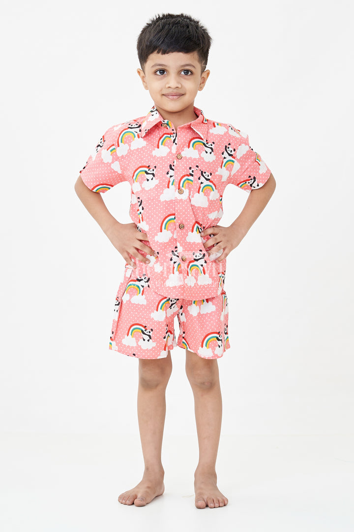 Boys Pink Casual Shirt Set with Panda and Rainbow Digital Print in Soft Cotton