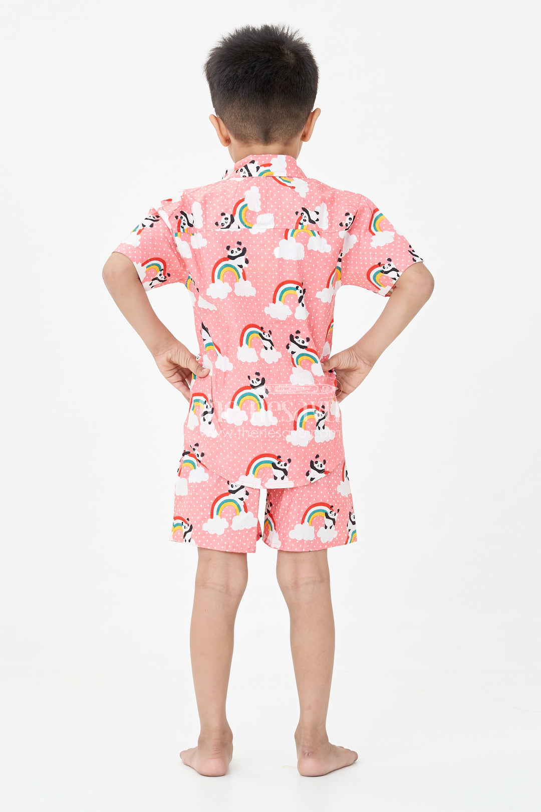 Boys Pink Casual Shirt Set with Panda and Rainbow Digital Print in Soft Cotton