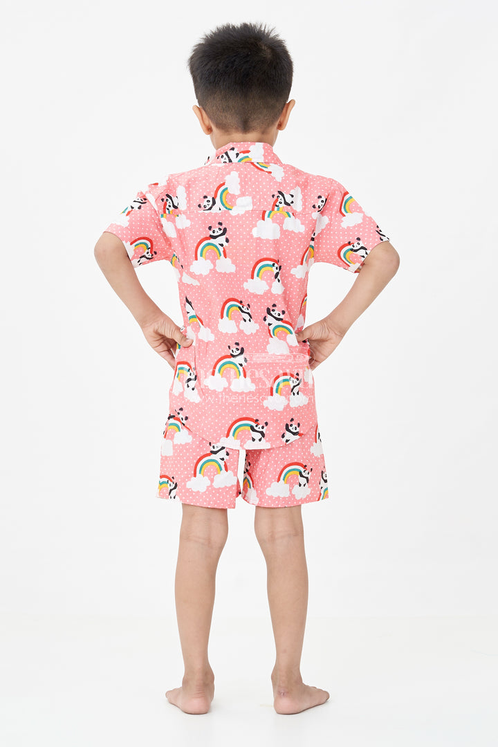 Boys Pink Casual Shirt Set with Panda and Rainbow Digital Print in Soft Cotton