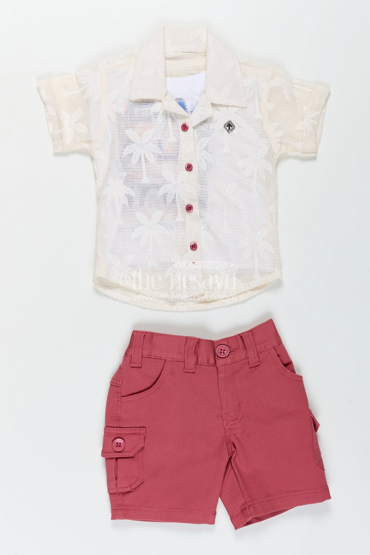 Boys Cotton Embroidered shorts and t shirt set in Off White and Pink for Trendy Everyday Outfits