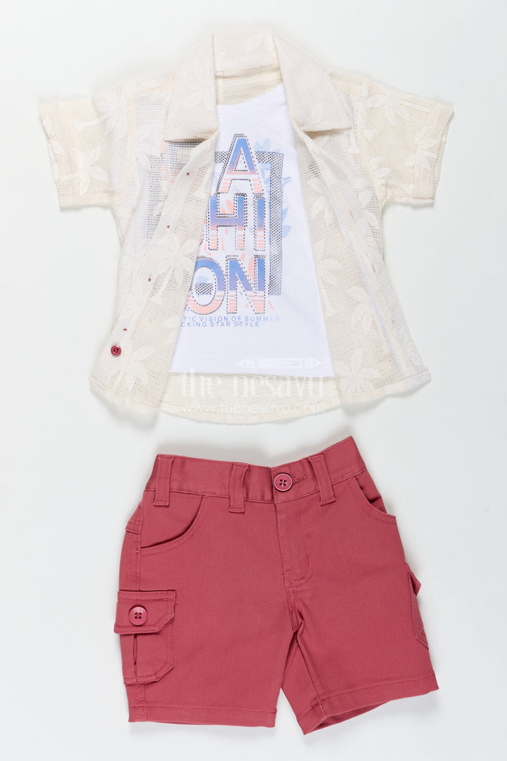 Boys Cotton Embroidered shorts and t shirt set in Off White and Pink for Trendy Everyday Outfits