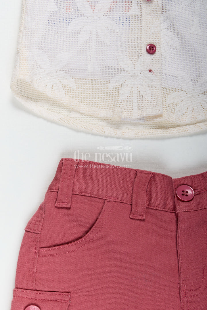 Boys Cotton Embroidered shorts and t shirt set in Off White and Pink for Trendy Everyday Outfits