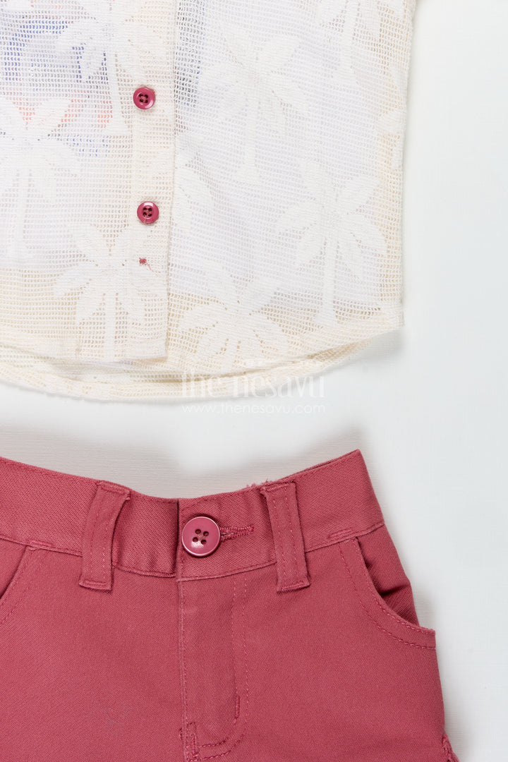 Boys Cotton Embroidered shorts and t shirt set in Off White and Pink for Trendy Everyday Outfits