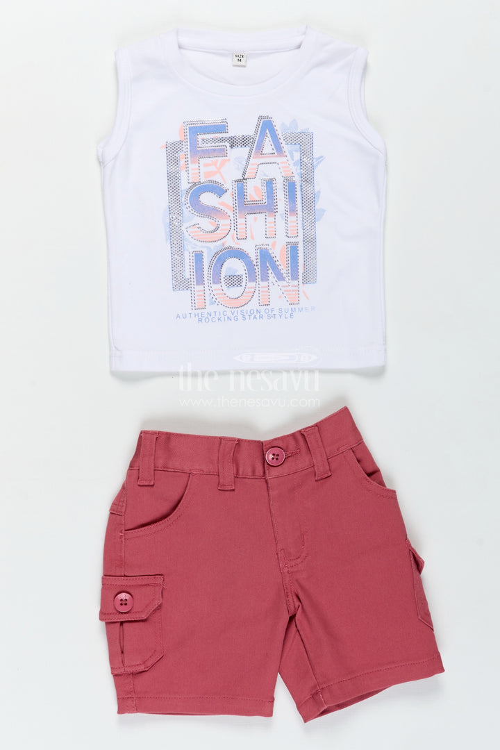 Boys Cotton Embroidered shorts and t shirt set in Off White and Pink for Trendy Everyday Outfits