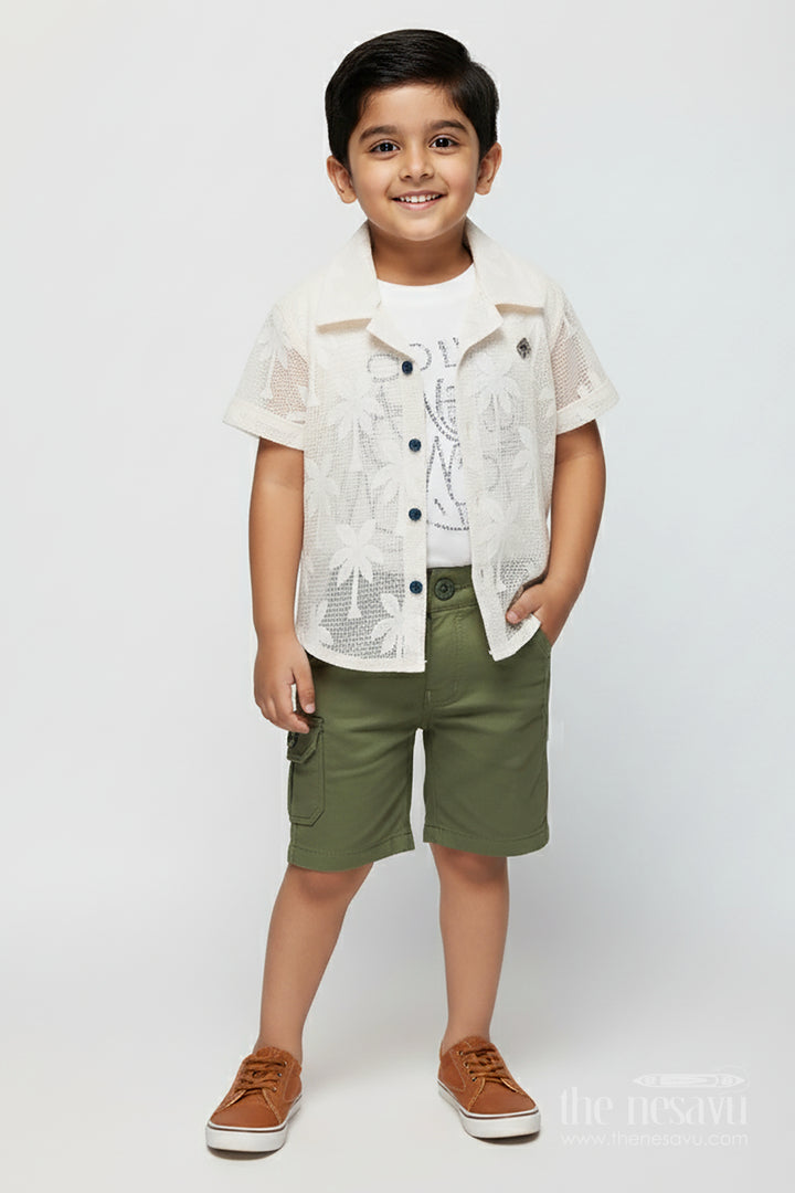 Trendy Cotton Boys Outfits with Embroidered Shirt and Graphic Tee in White and Green Combo