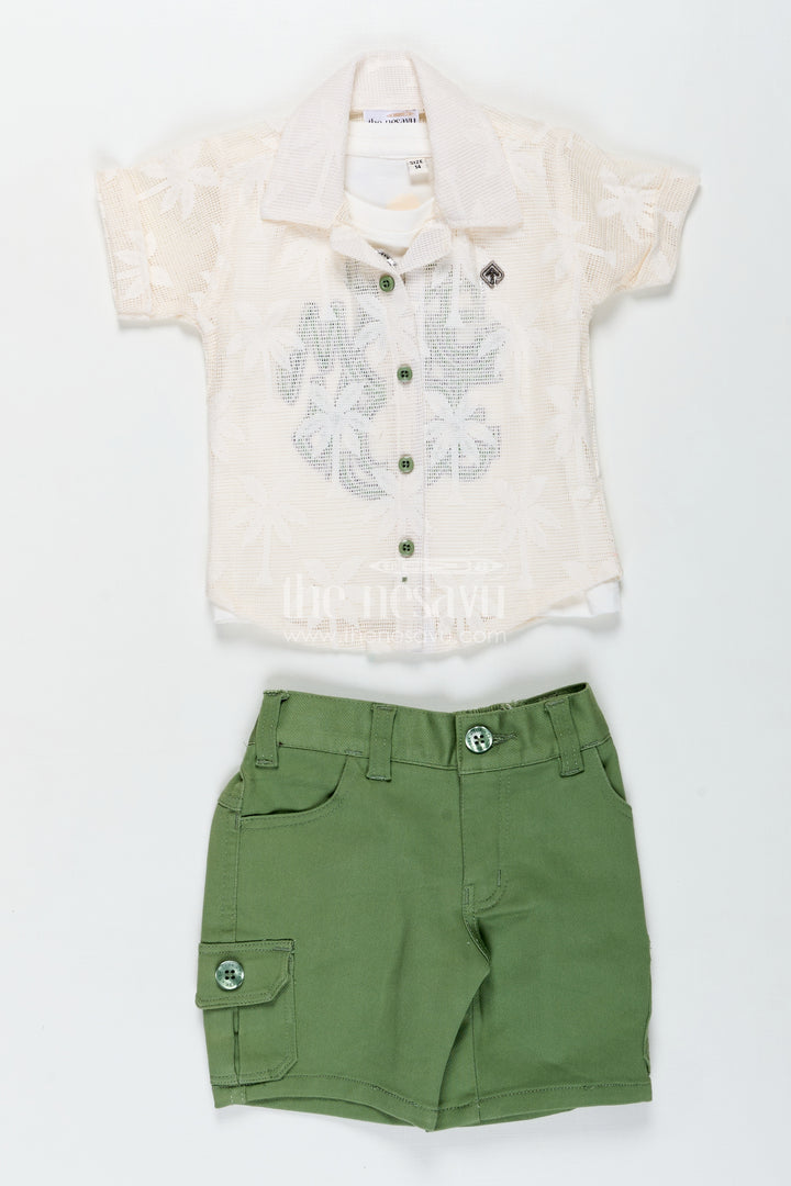 Trendy Cotton boys outfits with Embroidered Shirt and Graphic Tee in White and Green Combo