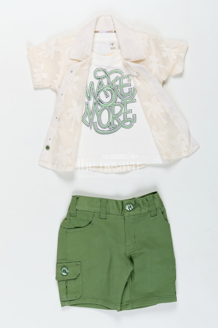 Trendy Cotton boys outfits with Embroidered Shirt and Graphic Tee in White and Green Combo