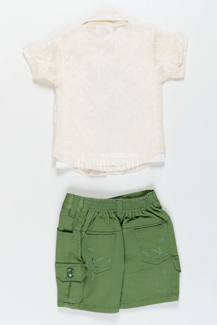 Trendy Cotton boys outfits with Embroidered Shirt and Graphic Tee in White and Green Combo
