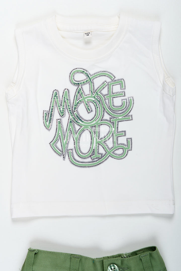 Trendy Cotton boys outfits with Embroidered Shirt and Graphic Tee in White and Green Combo