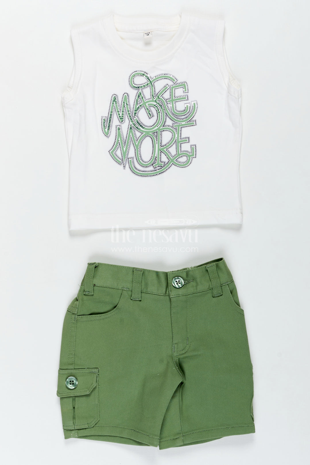 Trendy Cotton boys outfits with Embroidered Shirt and Graphic Tee in White and Green Combo