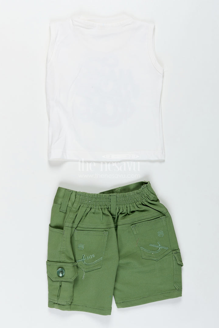 Trendy Cotton boys outfits with Embroidered Shirt and Graphic Tee in White and Green Combo
